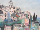 a painting of a town with a clock tower in the background