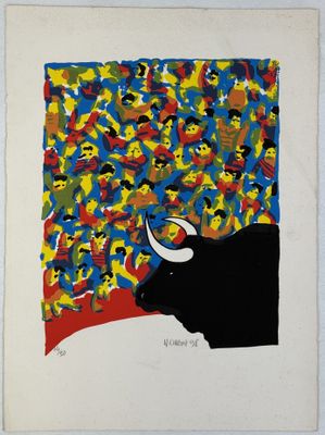 a painting of a bull in front of a crowd of people
