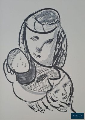 un dessin à l'encre représentant une femme tenant un bébé dans ses bras