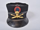 a black hat with a red and blue emblem on it