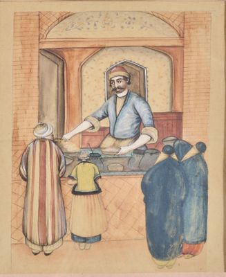 tableau représentant un homme servant à manger à un groupe de personnes dans une pièce