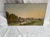 une peinture à l'huile représentant un paysage avec une rivière et une maison