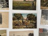 many old postcards of people and animals on the wall