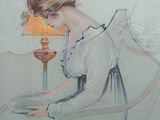 painting of a woman reading a book under a lamp on a table