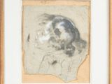 an image of a drawing of a woman ' s head with clouds in the background