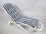 blue and white striped chaise lounger with wheels on a white background