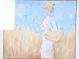 a painting of a woman holding a basket in a field