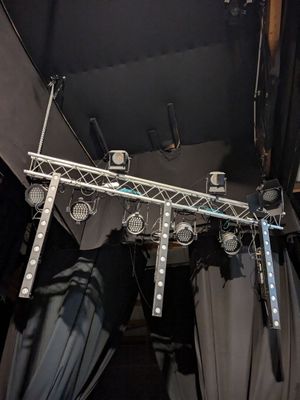 a picture of a stage set up with umbrellas and lights