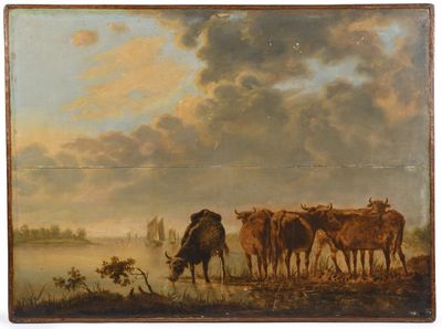 un tableau représentant un groupe de vaches paissant dans un champ