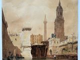 tableau représentant une vue de ville avec un pont et une tour