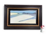 peinture à l'huile encadrée représentant une scène de plage avec des dunes de sable et un ciel bleu