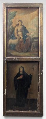two paintings of a woman holding a baby and a man holding a child