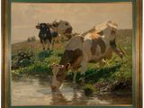 tableau représentant des vaches buvant l'eau d'un ruisseau dans un champ