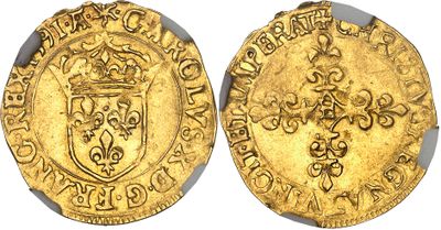 a gold coin with a coat of arms on it