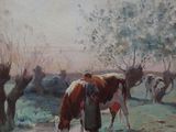 un tableau représentant une femme et une vache dans un champ