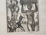 a black and white drawing of a naked woman and a monkey