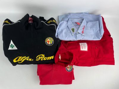three shirts with logos on them sitting on a white surface