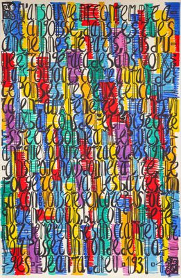 une peinture représentant des lettres et des chiffres colorés sur fond blanc