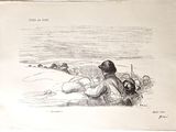 dessin représentant un groupe de personnes allongées sur une plage au bord d'un plan d'eau