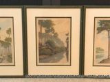 trois photos encadrées représentant des arbres et un banc devant un mur