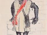 dessin représentant un homme portant un chapeau de paille et une robe ornée d'une ceinture rouge