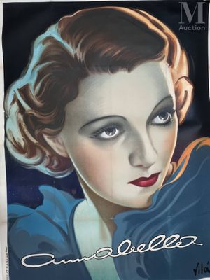 an old movie poster of a woman with a blue dress and red lipstick