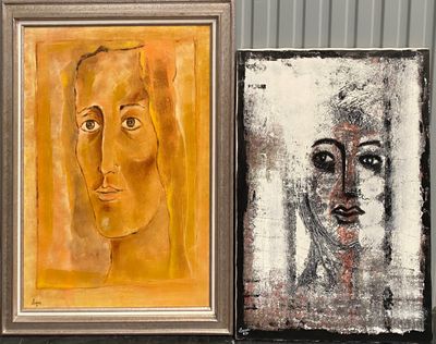 painting of a woman ' s face and a painting of a man ' s face