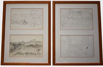 deux dessins encadrés représentant un château et une ville, dans un cadre en bois