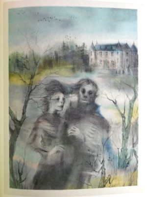 une image représentant un tableau où l'on voit deux personnes devant une maison