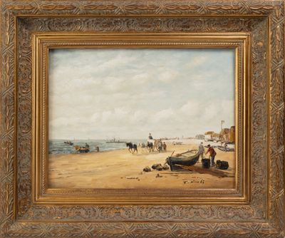 une peinture à l'huile représentant une scène de plage avec des bateaux et des personnes sur le rivage