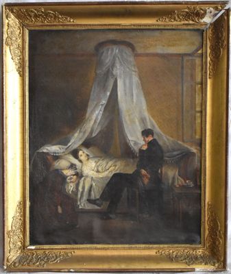 tableau représentant un homme et une femme dans une chambre à coucher avec un lit