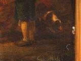an oil painting of a boy with a dog in a barn