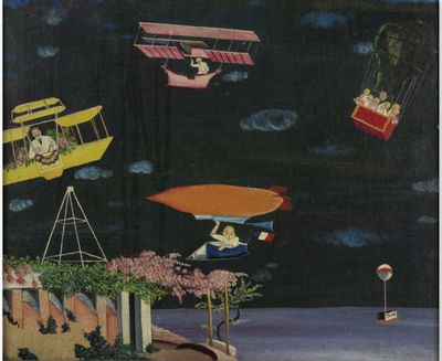 a picture of a painting of people flying in the sky