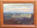 une peinture à l'huile représentant une vue d'une ville depuis une fenêtre