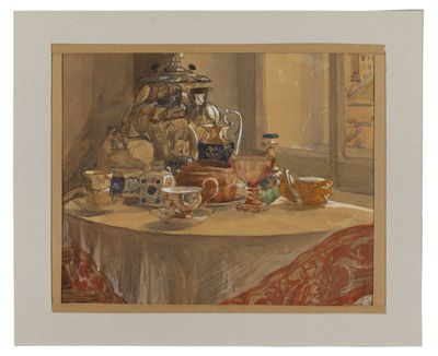 une photo d'un tableau représentant une théière posée sur une table