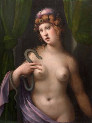 une image représentant un tableau où l'on voit une femme tenant un serpent dans la main