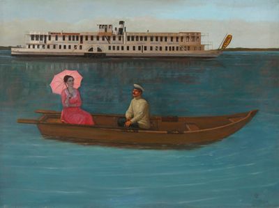 a painting of a man and woman in a boat on the water