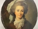 tableau représentant une femme coiffée d'un bonnet blanc et vêtue d'une robe marron