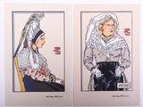 deux peintures d'une femme en robe blanche et d'une femme en robe noire