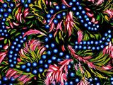 a painting of blue berries and pink leaves on a black background