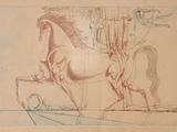 dessin représentant un cheval et son cavalier dans une écurie, avec un homme à cheval