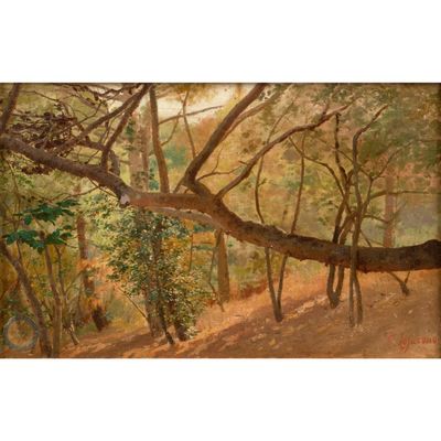 une peinture à l'huile représentant une scène de forêt avec un arbre tombé au premier plan