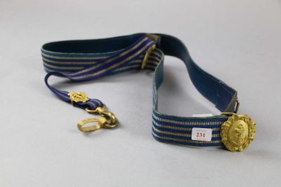 a blue and gold lanyard with a gold medal on it