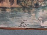 a painting of a swan swimming in a lake