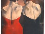 a painting of two women in red and black dresses sitting on a chair