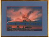 painting of a volcano eruptied from the ocean at sunset