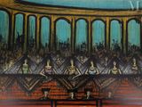 a painting of a group of people sitting on a bench in front of a building
