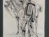 framed drawing of a man standing next to a horse with a hat on his head