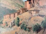 a painting of a man riding a horse on the side of a mountain