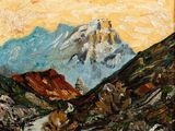 painting of a mountain scene with a river and a mountain in the distance